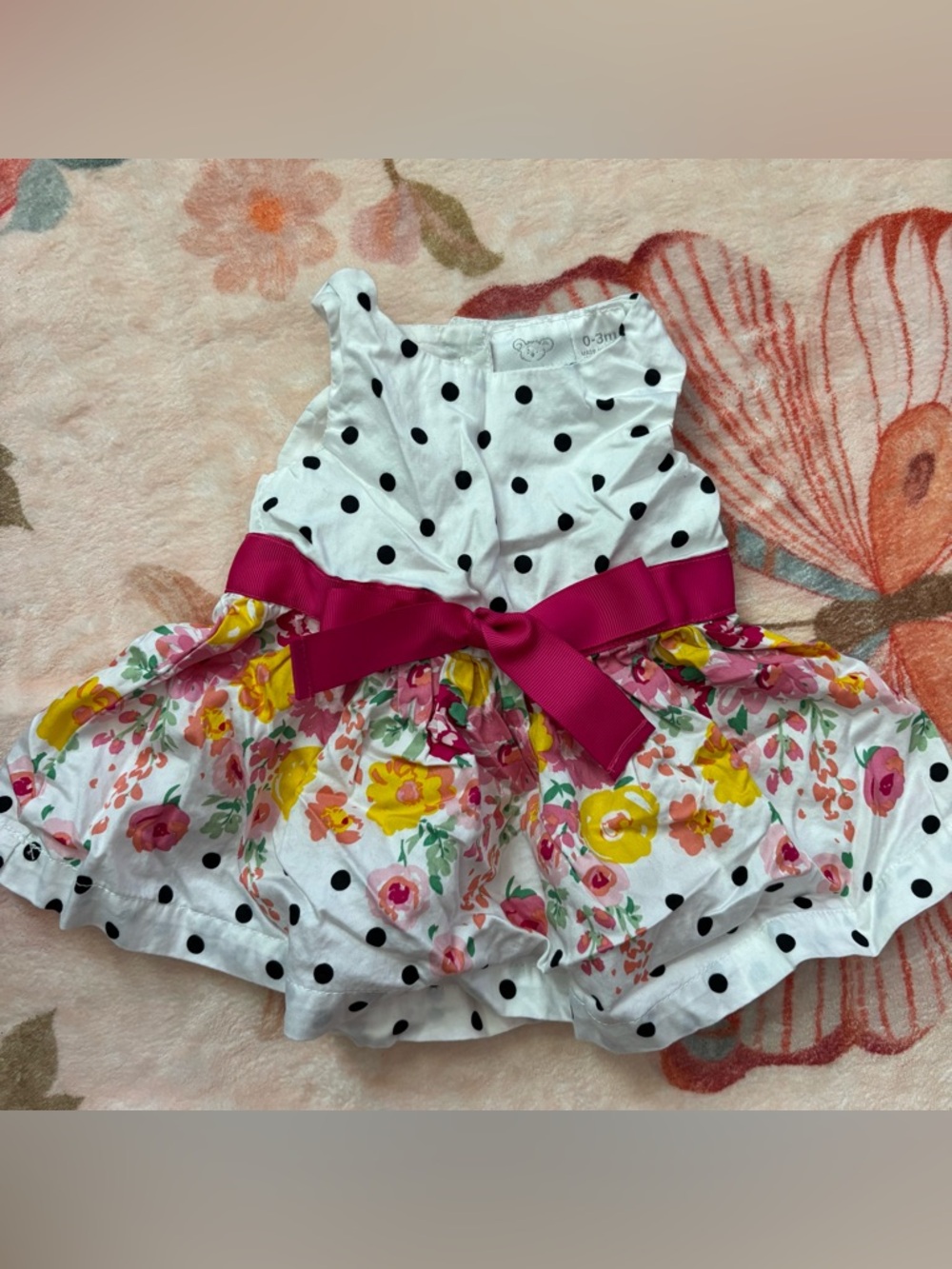 Koala Kids White Polka Dot & Floral Dress with Fuchsia Bow